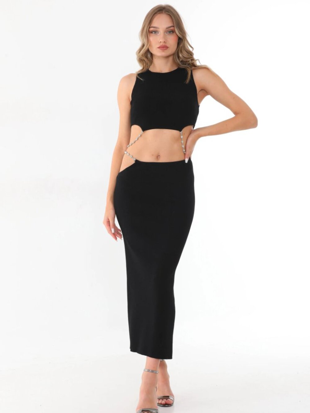 Black Two‑Piece Chain‑Detail Set – Cutout Crop Top + Maxi Skirt